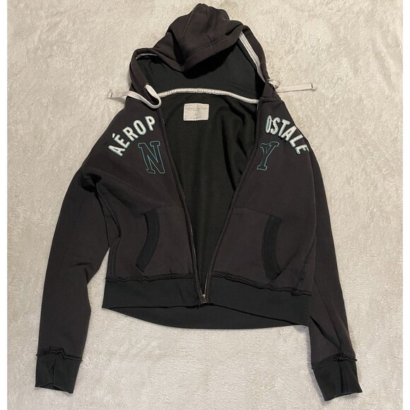 Aeropostale Y2K Womens Hoodie Sweatshirt Grunge Full Zip NY Fleece Gray XL - Picture 3 of 12
